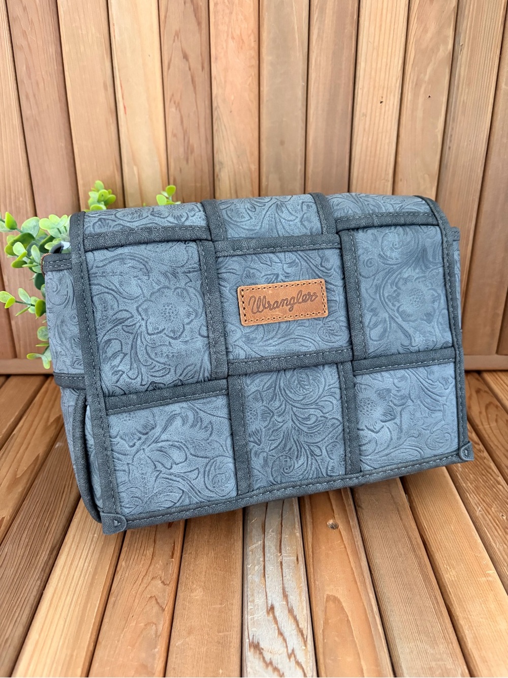 Wrangler Vegan Tooled Leather Messenger Bag Western Gray NWT